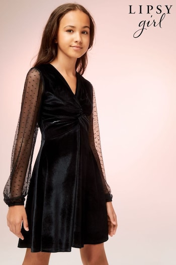Lipsy Black Velvet Knot Front Long Sleeve Dress (K22737) | £34 - £42