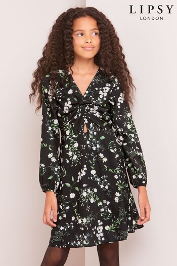 Lipsy Black Floral Knot Front Long Sleeve Dress (K22738) | £28 - £36