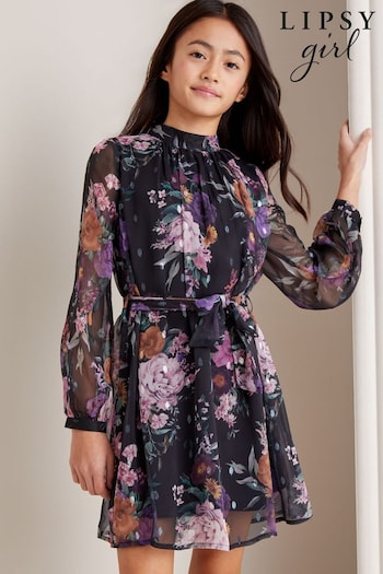 Lipsy Black Floral Long Sleeve Chiffon Shift Dress (K22739) | £32 - £40