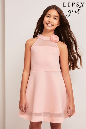 Lipsy Pink Halter Corsage Scuba Dress (K22740) | £32 - £40