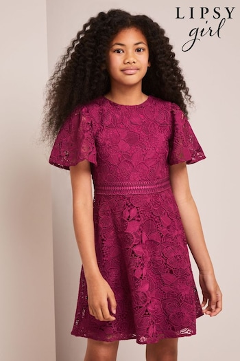 Lipsy Berry Red Flutter Sleeve Lace Occasion Dress (K22748) | £45 - £53