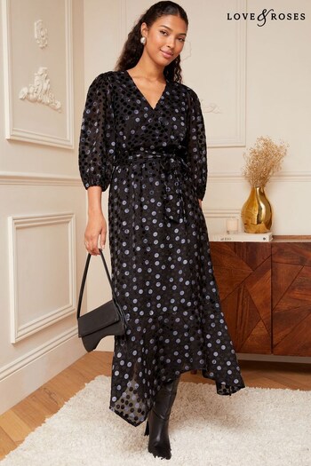 Love & Roses Black Flutter Sleeve Velvet Flocked Spot Midi Black Dress (K22750) | £68