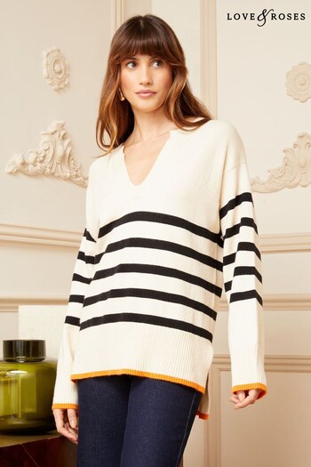 Love & Roses Ivory White V Neck Long Sleeve Knitted Jumper (K22757) | £40