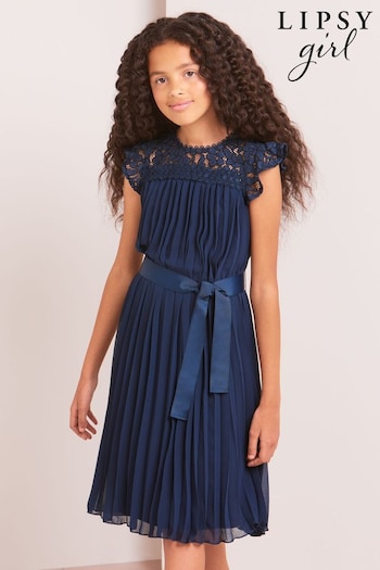 Lipsy Navy Blue Lace Yolk Pleated Occasion Dress (K22795) | £47 - £55