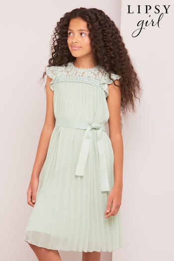 Lipsy Sage Green Lace Yolk Pleated Occasion Dress (K22796) | £47 - £55