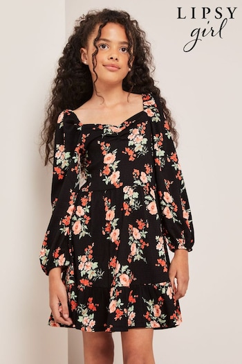 Lipsy Black Floral Crinkle Jersey Square Neck Dress (K22811) | £25 - £33
