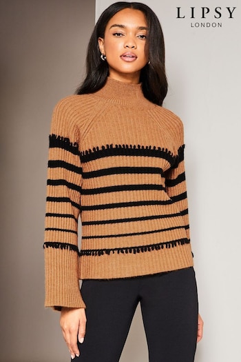 Lipsy Camel Striped High Neck Wide Sleeve Knitted Jumper (K22858) | £46