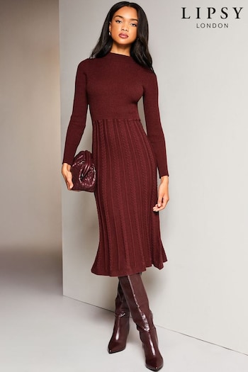 Lipsy Berry Red Long Sleeve Fit and Flare Cable Knitted Dress (K22865) | £60