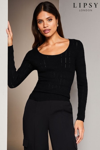 Lipsy Black Petite Long Sleeve Scoop Neck Fine Cable Knitted Jumper (K22868) | £39