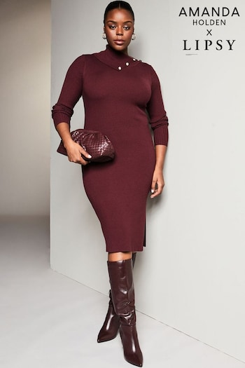 Lipsy Berry Red Curve Knitted Envelope Neck Bodycon Midi Dress (K22872) | £54