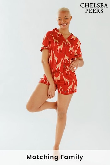Chelsea Peers Red Giraffe Satin Button Up V-Neck Short Pyjama Set (K23058) | £40