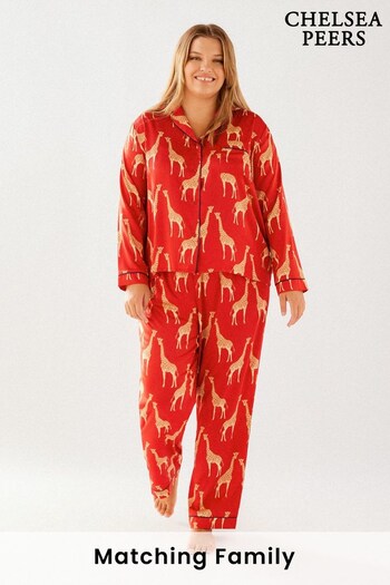 Chelsea Peers Red Giraffe Curve Curve Satin Button Up Long Pyjama Set (K23068) | £50