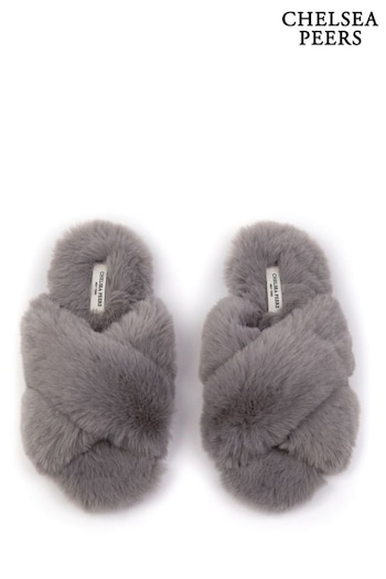 Chelsea Peers Grey Regular Fit Fluffy Cross Strap Slider Slippers (K23082) | £30