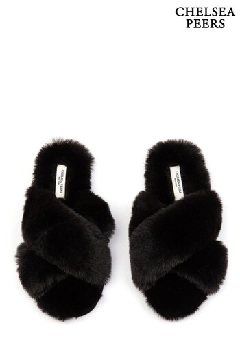Chelsea Peers Black Regular Fit Fluffy Cross Strap Slider Slippers (K23086) | £30