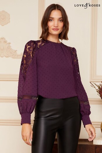 Love & Roses Berry Red Long Sleeve Lace Dobby Mix Blouse (K23104) | £39