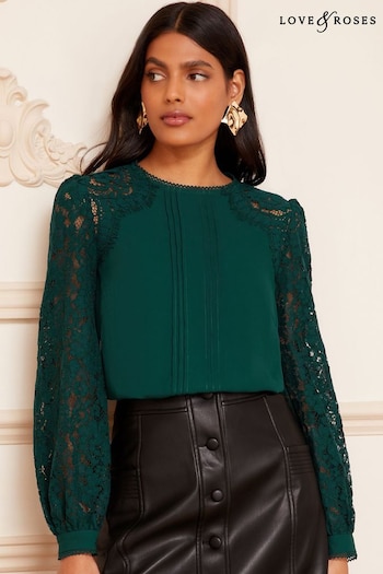 Love & Roses Green Tie Back Long Sleeve Lace Blouse (K23107) | £40