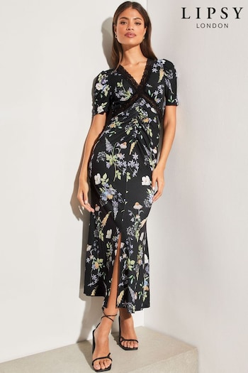 Lipsy Black Floral Jersey Short Sleeve Lace Underbust Midi Dress (K23108) | £50