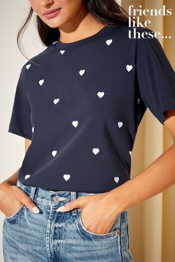 Armchairs & Accent Chairs Navy Blue Round Neck Heart Embroidered T-Shirt (K23366) | £22