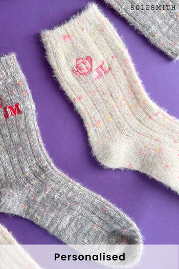 Personalised Embroidered Neon Fleck Icon Cosy White Socks by Solesmith (K23408) | £16