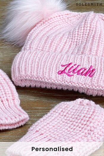 Personalised Pom Pom Pink plaque Hat And Mittens Set by Solesmith (K23430) | £30