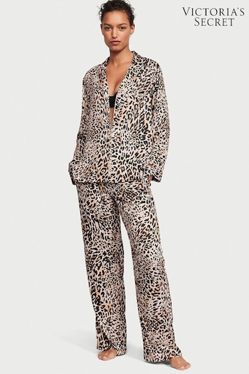 Victoria's Secret Wavy Leopard Brown Satin Long Pyjamas (K23482) | £69