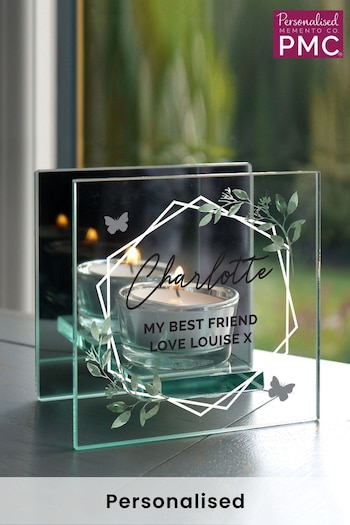 Personalised Botanical Mirrored Glass Tea Light Candle Holder by PMC (K23696) | £15
