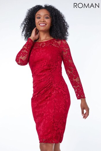 Roman Red Petite Side Ruched Lace Dress (K23760) | £52
