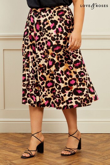 Love & Roses Neutral Animal Curve Pleated Summer Midi Skirt (K23830) | £35