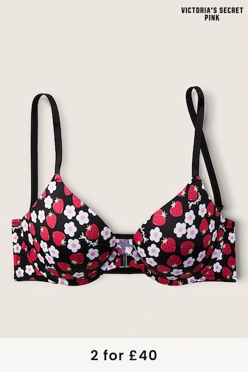 Victoria's Secret PINK Strawberry Floral Black Push Up Front Fastening T-Shirt Bra (K24550) | £29