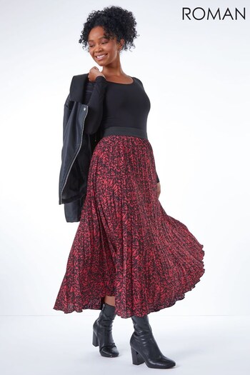 Roman Red Petite Abstract Print Pleated Skirt (K24580) | £35