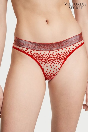 Victoria's Secret Lipstick Flocked Hearts Red Thong Logo Cotton Knickers (K24717) | £9