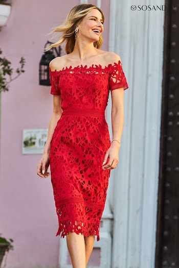 Sosandar Red Bardot Guipure Lace Dress (K24775) | £89