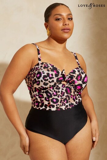 Love & Roses 2in1 Camel Leopard Curve Tie Front Swimsuit (K25018) | £38