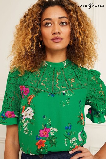 T-Shirts, Polos & Vests Green Floral Lace Mix Yoke High Neck Ruffle Sleeve Top (K25156) | £38