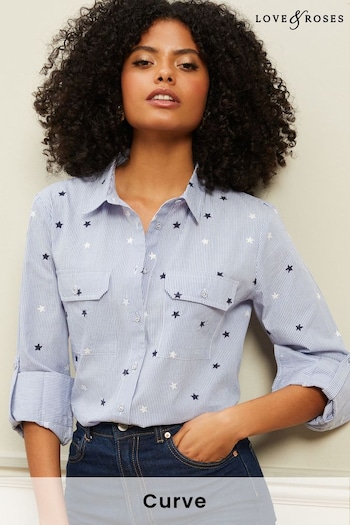 Love & Roses Blue and White Stars Petite Patch Pocket Button Through Shirt (K25231) | £32