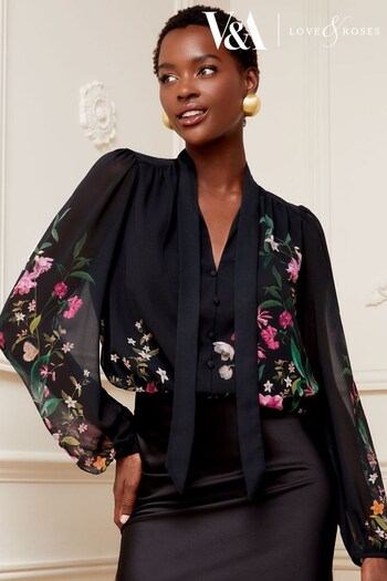 V&A | Love & Roses Black Petite Printed Pussy Bow V Neck Button Through Long Sleeve Blouse (K25348) | £44
