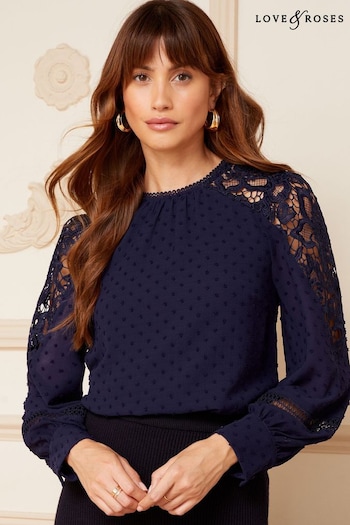 A-Z Womens Sports Brands Navy Blue Petite Long Sleeve Lace Dobby Mix Blouse (K25349) | £39