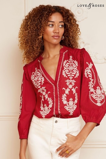 Jackets & Coats Red Ruffle V Neck Contrast Broderie Button Up 3/4 Sleeve Blouse (K25354) | £38