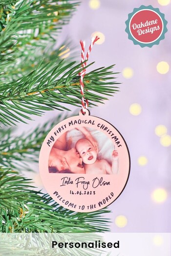 Personalised Pink Babie's First Christmas Photo Bauble by Oakdene (K25383) | £8