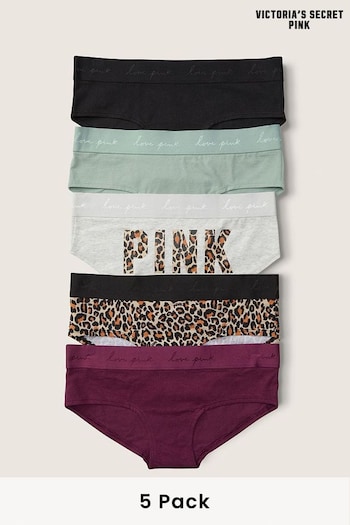 Victoria's Secret PINK Black/Grey/Green Logo Print Cotton Hipster Knickers 5 Pack (K25635) | £25