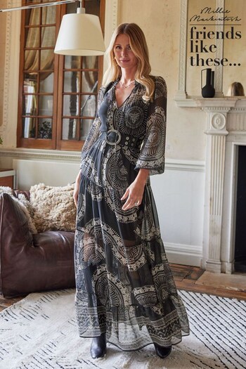 Custom Corner Sofas Black Paisley Printed V Neck Long Sleeve Midaxi Dress (K25816) | £70