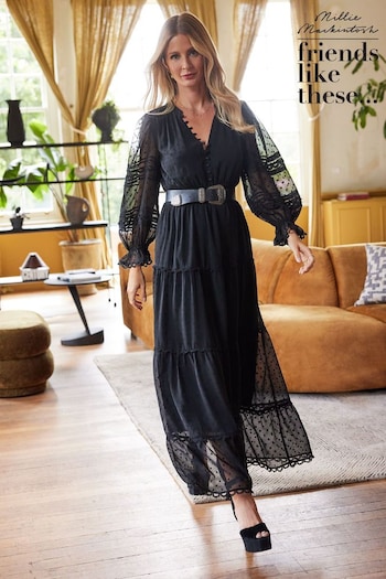 Friends Like These Black Chiffon Long Sleeve Maxi Dress (K25817) | £65
