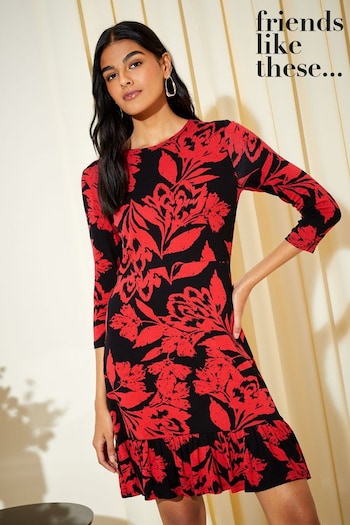 Friends Like These Red Floral Fit And Flare Round Neck 3/4 Sleeve Dress (K25827) | £30