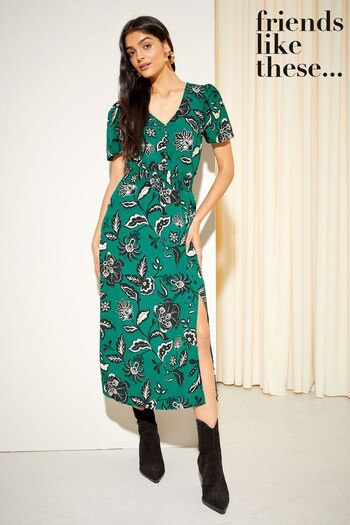 Food & Drink Gifts Green Paisley Puff Sleeve Ruched Waist V Neck Midi Summer Dress (K25828) | £38