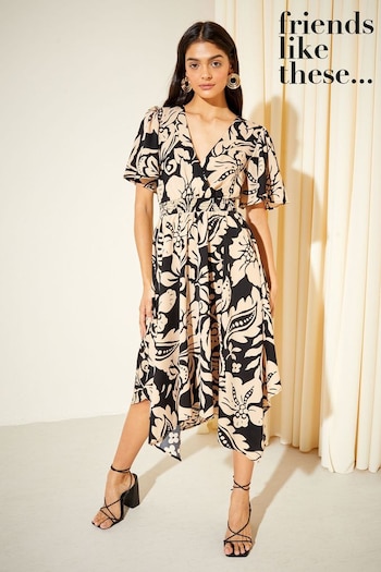 Pyjamas & Nightwear Camel Floral Hanky Hem Flutter Sleeves V Neck Shirred Waist Midi Dress (K25829) | £39
