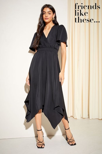 Pyjamas & Nightwear Black Hanky Hem Flutter Sleeves V Neck Shirred Waist Midi Dress (K25830) | £39