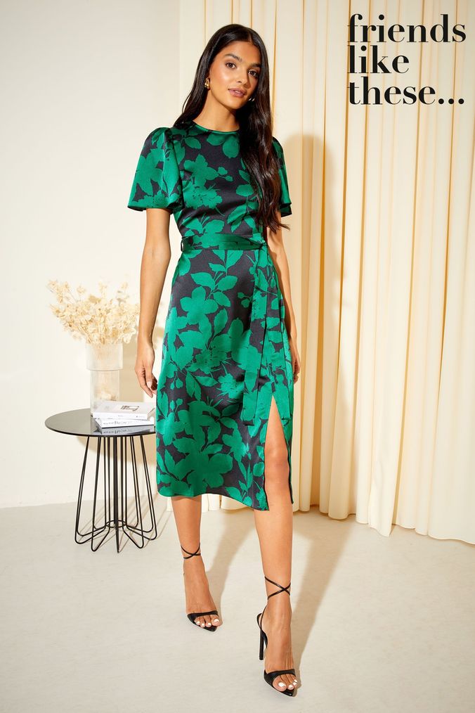 Friends Like These Dark Green Floral Flutter Sleeve Satin Split Belted Midi Summer Dress (K25837) | £45
