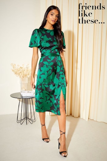 Friends Like These Dark Green Floral Flutter Sleeve Satin Split Belted Midi Summer Dress (K25837) | £48