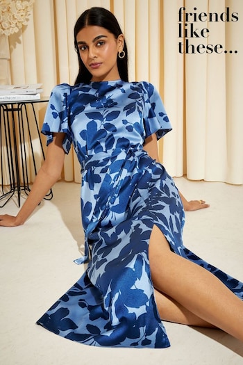 Long Sleeved Sets Navy Blue Floral Flutter Sleeve Satin Split Belted Midi Summer Dress (K25838) | £45