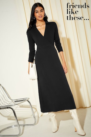 Friends Like These Black Long Sleeve Midaxi Collared Jersey Wrap Dress (K25848) | £38
